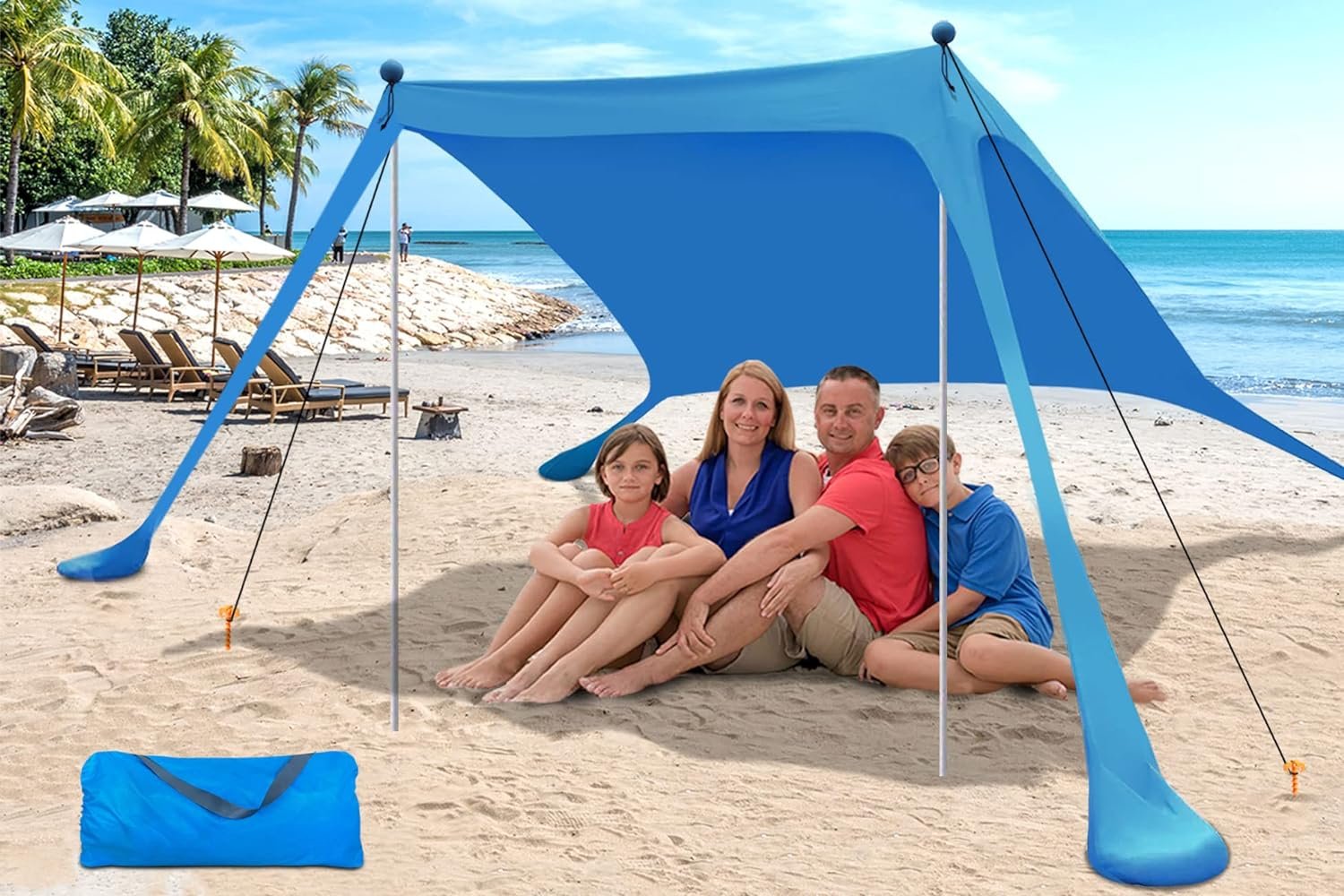 Beach Canopy Beach Tent Pop Up Shade 7.5X7.5 FT Portable Sun Shelter Extra Windproof Rope Stable Sun Protection with Carry Bag Easy Set Up for Family Outdoor Camping Fishing Backyard Picnics