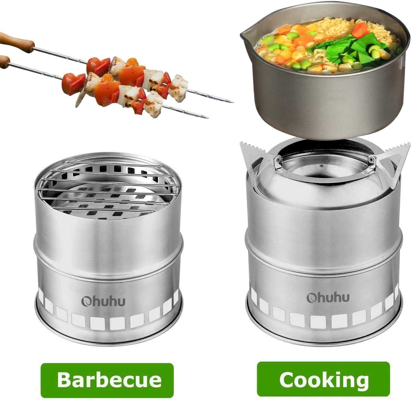 Camp Stove, Ohuhu Camping Stove Wood Burning Stove Stainless Steel Mini Portable Backpacking Survival Stoves for Picnic BBQ Camping Hiking Cooking Emergency with Grill Grid Carry Bag