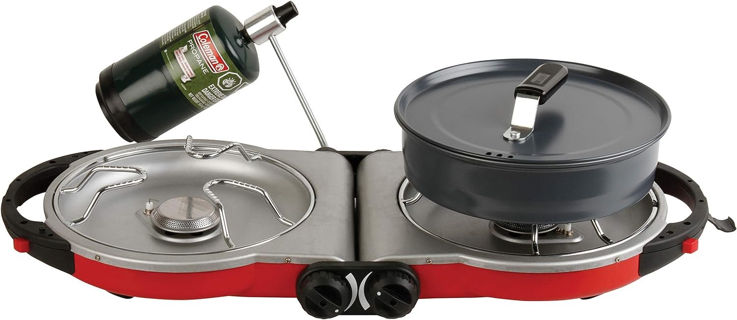 Coleman Fold N Go 2-Burner Propane Camping Stove, Portable Folding Camp Stove with Push-Button Instant Ignition, 2 Adjustable Burners with 20,000 BTUs of Power for Camping, Tailgating, BBQ,  More