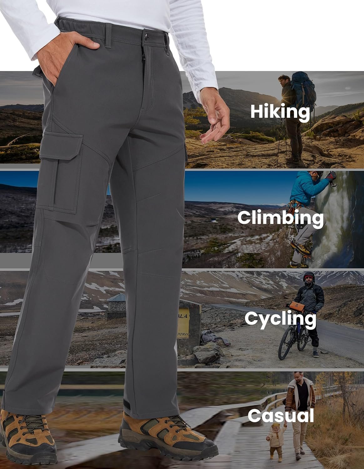 PULI Mens Fleece Lined Hiking Winter Pants Warm Waterproof Windproof Outdoor Thermal Winter Pants with Pockets