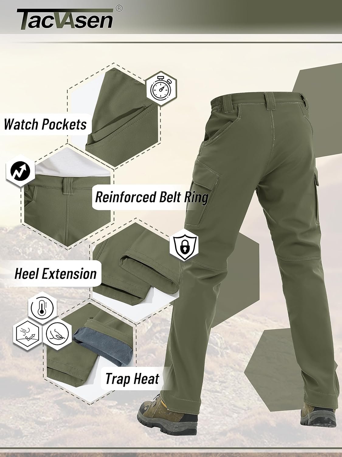 TACVASEN Mens Winter Pants 9 Pockets Fleece Snow Hiking Pants Water-Resistant Warm Softshell Thick Tactical Pants