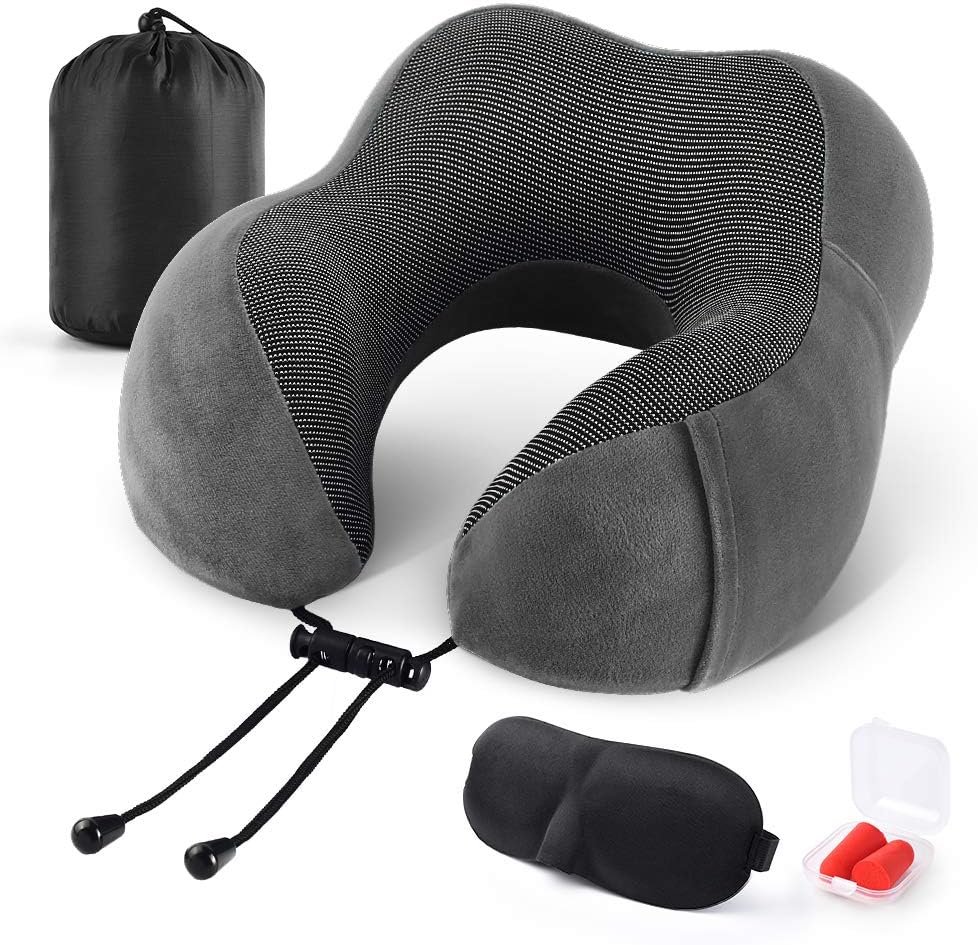Travel Pillow 100% Memory Foam Pillow, Neck Pillow for Airplane, Neck  Head Support Pillow for Sleeping Rest  Car, Travel Pillows Kit with Storage Bag, Sleep Mask and Earplugs Dark Grey