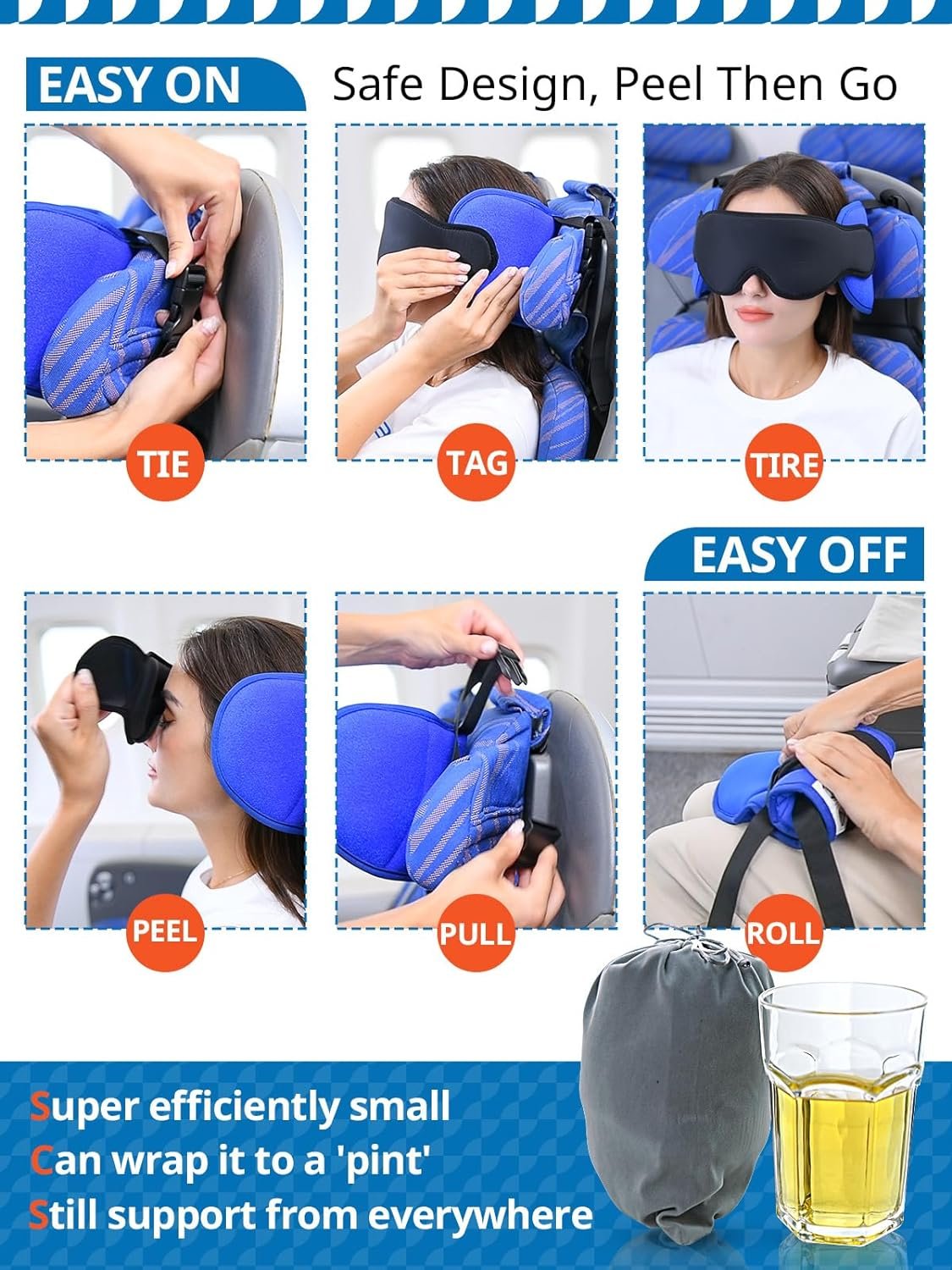 Travel Pillows for Airplanes, Airplane Pillow for Long Flight, Airplane Head Strap with Eye Mask for Sleeping, Kids Travel Neck Pillow for Car, Road Trip Car Headrest, Stop Bobblehead, Black
