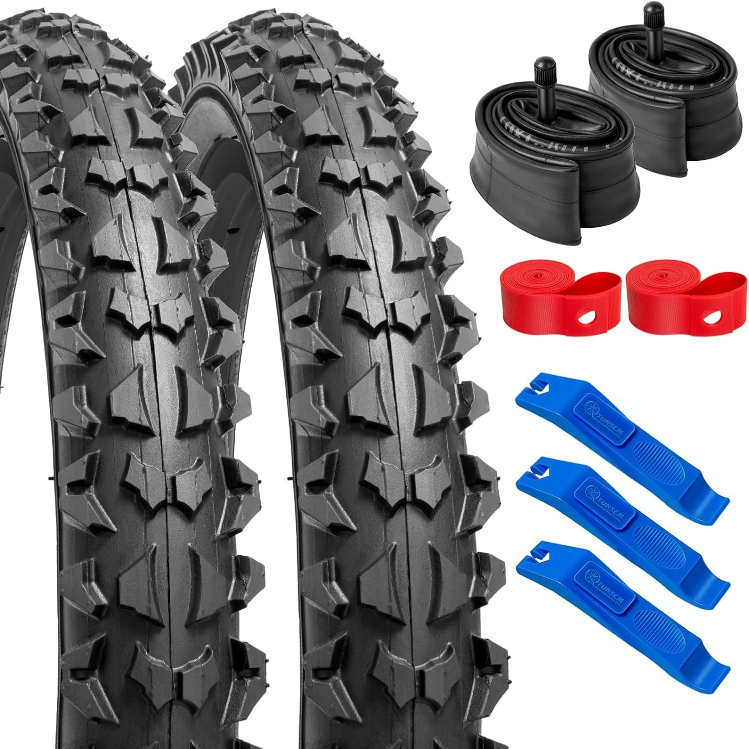 YUNSCM 14 Bike Tires 14x2.10/54-254 and 14 Bike Tubes Schrader Valve with 2 Rim Strips Compatible with Mountain/Off Road Bike 14x1.95 14x2.0 14 x 2.1 14x2.125 Bicycle Tires and Tubes (P-1001A)
