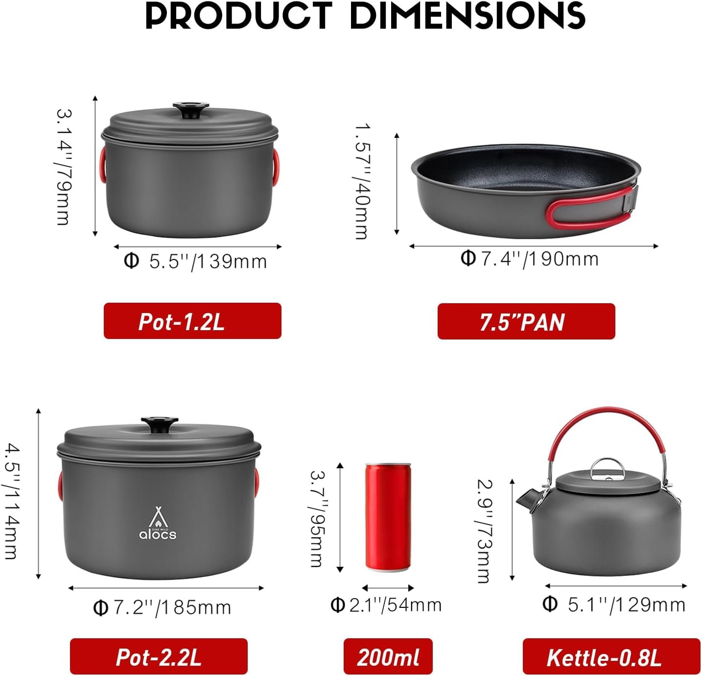 ALOCS Camping Cookware Set,Durable Aluminum Camping Cooking Set, Compact Camping Pots and Pans Set with Kettle, Non-Stick Camping Pan Camping Essentials for Outdoor Cooking, Hiking, and Picnics.