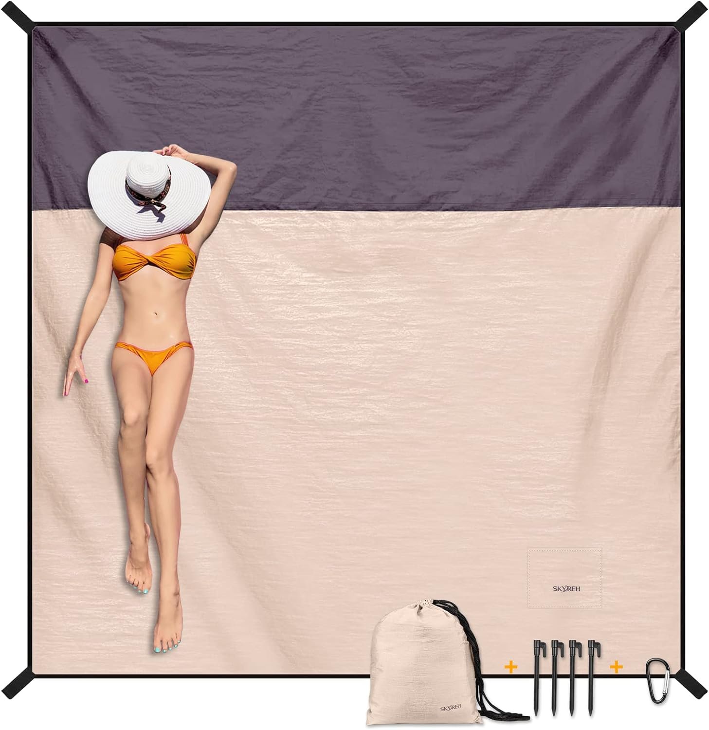 Beach Blanket Waterproof Sandproof Large Beach Mat 79 X 87, Quick Drying Durable Portable Lightweight Outdoor Nylon Picnic Blanket for Travel Camping Hiking, Champagne Gold