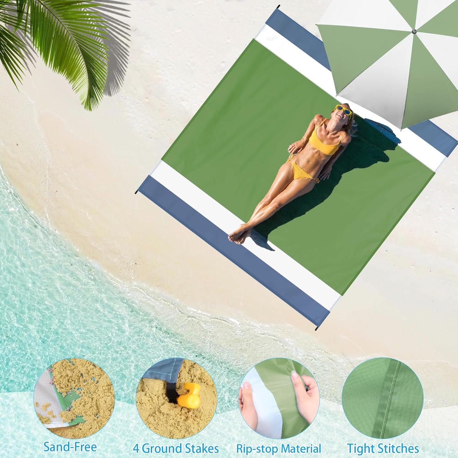 BYDOLL Beach Blanket 78×81 4-7 Adults Oversized Lightweight Waterproof Sandproof Large Picnic Mat for Travel Camping Hiking Picnic(78 X 81, Blue-Mixed)