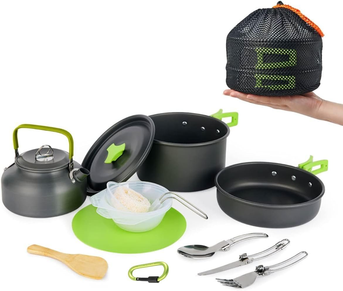 Camping Cooking Set with 1.5L Pot, Camping Cookware Set for 2-3 Person,Camping Mess Kit with Kettle,Camping Pot Pan Set with Chopping Board Folding Tableware for Camping Hiking Bcakpacking