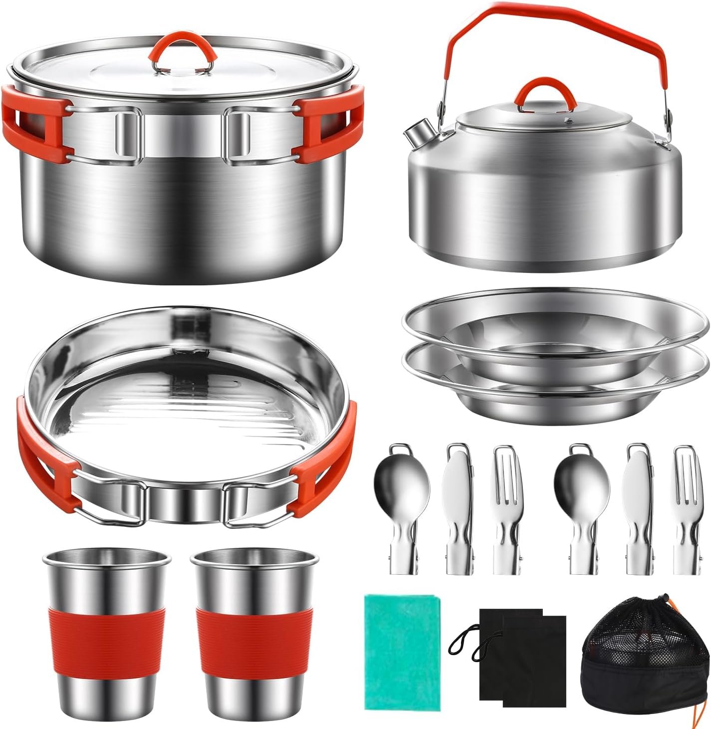 Camping Cooking Set,Camping Cookware Mess Kit,304 Stainless Steel Camping Pot and Pan Set with Kettle Cups Plates Forks Knives Spoons for Camping, Picnic, RVs for 2 People