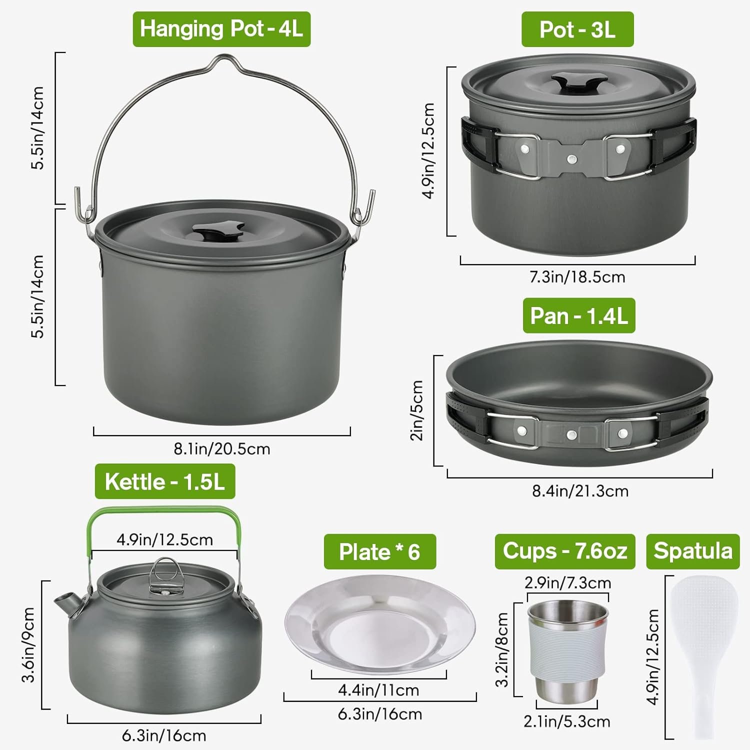 Camping Cookware Mess Kit, 37 PCs Large Size Hanging Pot Pan Kettle with Camping Cooking Set Carry Bag for 6 Person, Cups Dishes Forks Spoons Knives Kit for Outdoor Camping Hiking Picnic