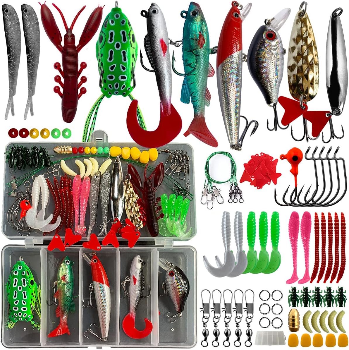 Fishing Lures Baits Kit for Bass Trout Salmon Fishing Tackle Box Including Spoon Lures Soft Plastic Worms Crankbait Jigs Fishing Hooks 70Pcs Fishing Gear Lures Kit Set