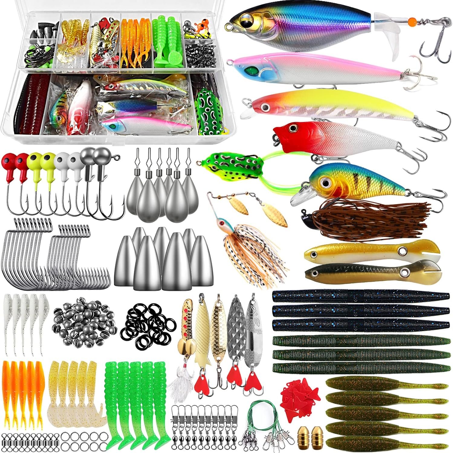 Fishing Lures Baits Tackle Fishing Accessories Kit Including Crankbaits, Spinnerbaits,Jig Hooks, Plastic Worms, Topwater Lures, Tackle Box and Fishing Gear Lures Kit Set