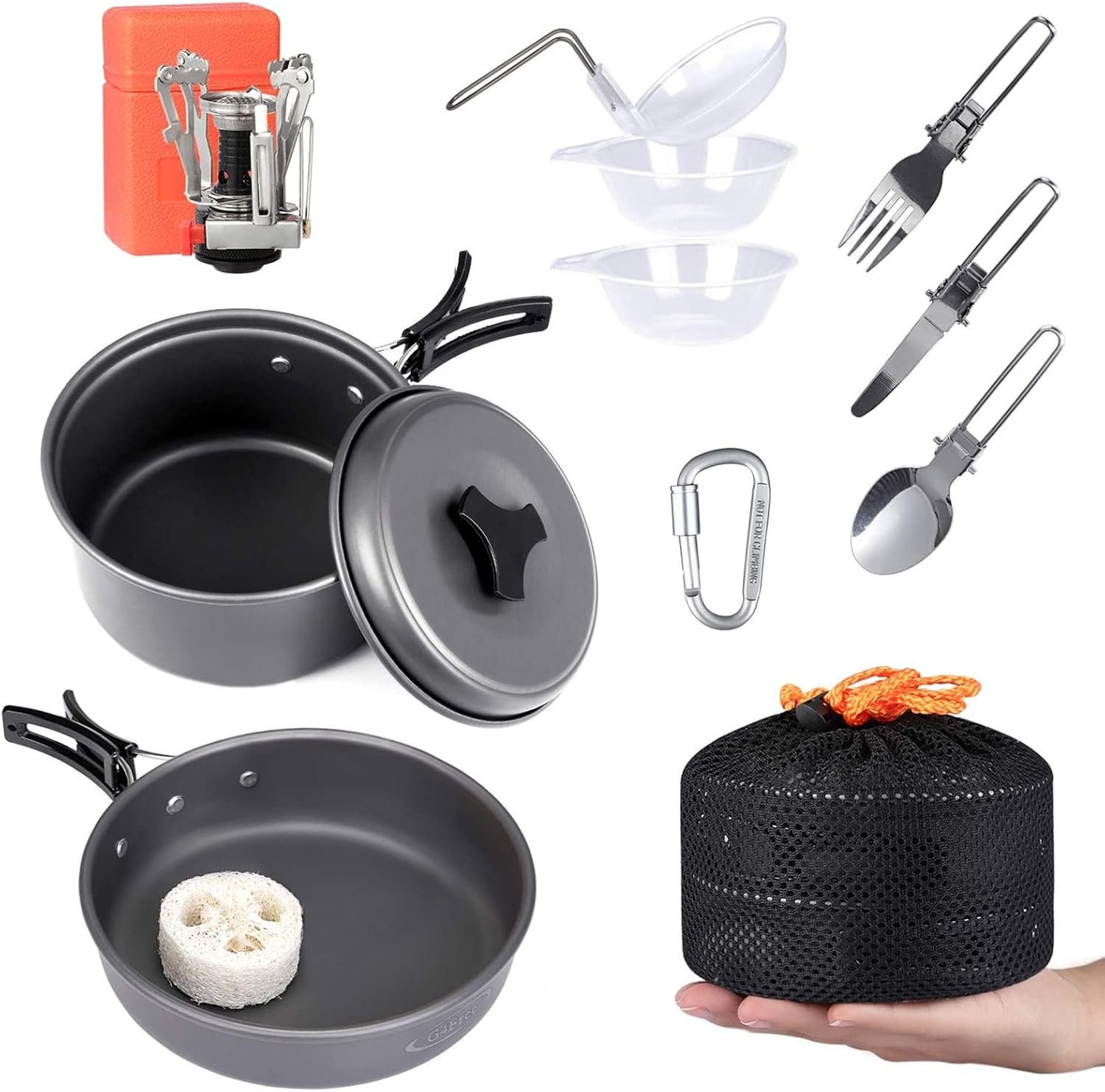 G4Free 13PCS Camping Cookware Mess Kit Hiking Backpacking Picnic Cooking Bowl Non Stick Pot Pan Knife Spoon Set