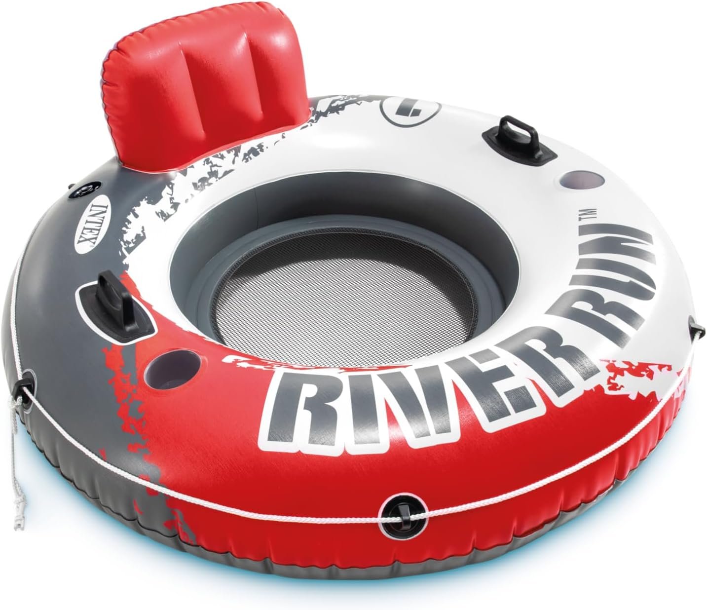INTEX 56825EP River Run 1 Inflatable Floating Lounge: Comfortable Backrest – Built-in Cup Holders – Durable Grab Handles – All Around Grab Rope – 220lb Weight Capacity – Color May Vary