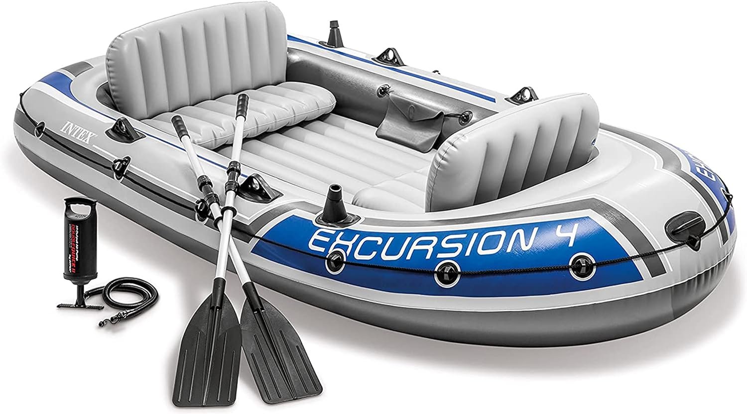 INTEX Excursion Inflatable Boat Series: includes Deluxe 54in Boat Oars and High-Output Pump – SuperTough PVC – Adjustable Seats with Backrest – Fishing Rod Holders – Welded Oar Locks