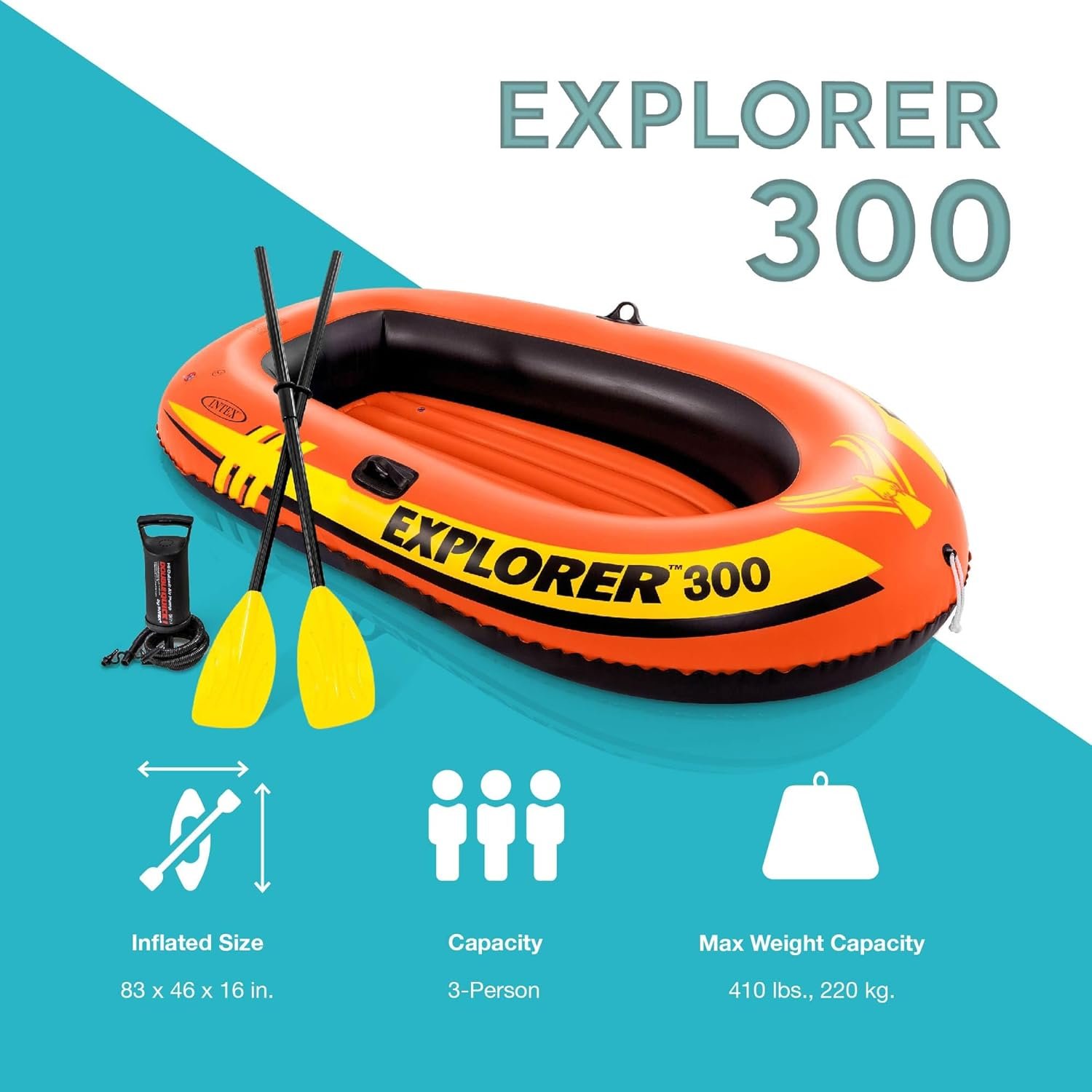 INTEX Explorer Inflatable Boat Series: Dual Air Chambers – Welded Oar Locks – Grab Handles – Bow Rope – Sporty Design