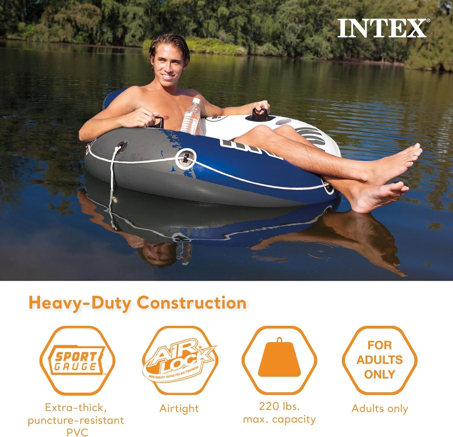 Intex River Run Single Person Inflatable Floating Water Tube Raft with Built-In Backrest, Cupholder, and Mesh Bottom for Lakes and Pools