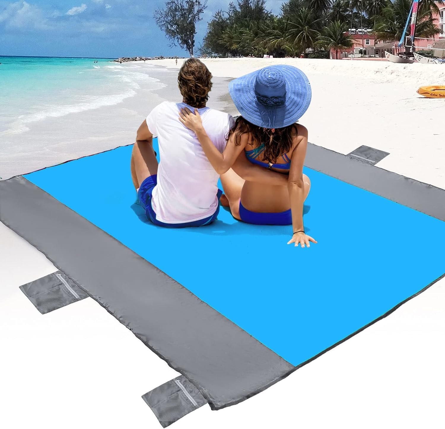 POPCHOSE Beach Blanket, Sandfree Beach Mat ‎108x85.2/83x78 for 7 Persons, Extra Large Beach Blanket Waterproof Sandproof with 6 Stakes, Easy to Clean, Lightweight Compact Beach Accessories