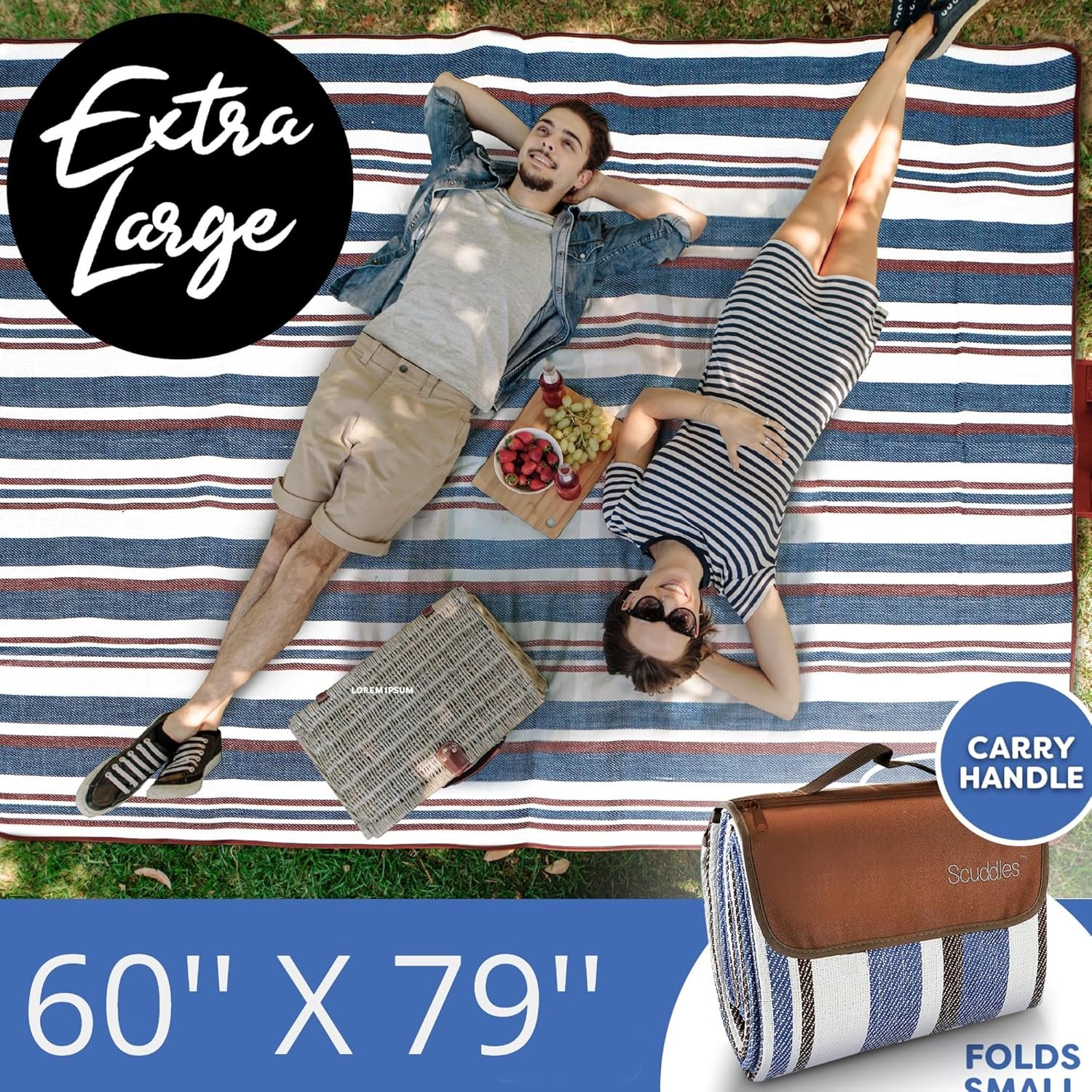 scuddles Extra Large Picnic Blankets Dual Layers Beach Blanket 60 X 60 Water-Resistant Outdoor Picnic Mat Spring Summer Blue and White Striped