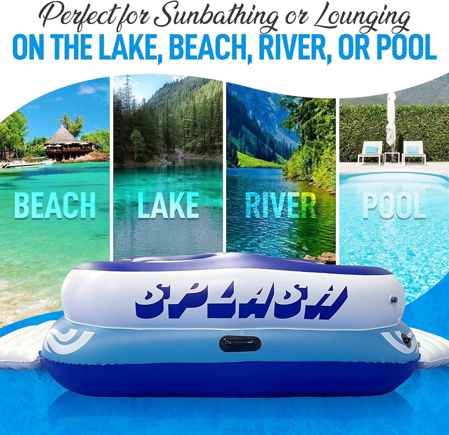 SereneLife Inflatable 4- Person Floating Island Raft, Party Island Raft w/ 4 drink holders, Use for Lounging on Lake, Beach River or Pool