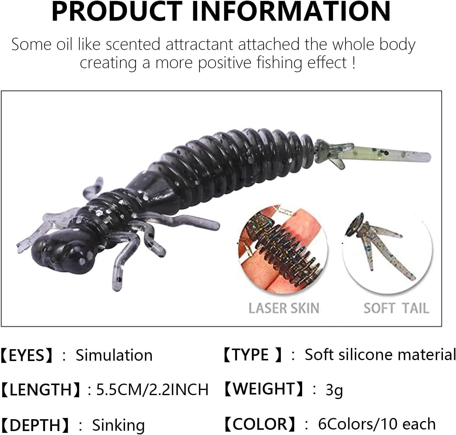 60pcs Dragonfly Larva Soft Silicone Fishing Lures for Bass, Trout, Soft Plastic Fishing Lure Sinking Deepwater Fishing Accessories for Saltwater Freshwater