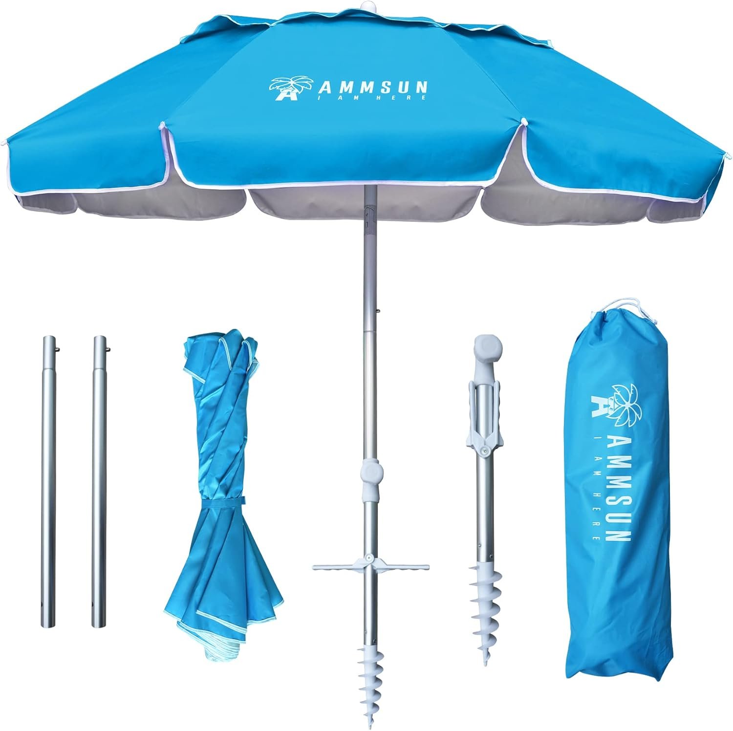 AMMSUN Folded Portable Travel Beach Umbrella Telescopic umbrellas with Sand Anchor Tilt Air Vent UPF 50+UV Protection Fit In Suitcase for Patio Garden Beach Pool