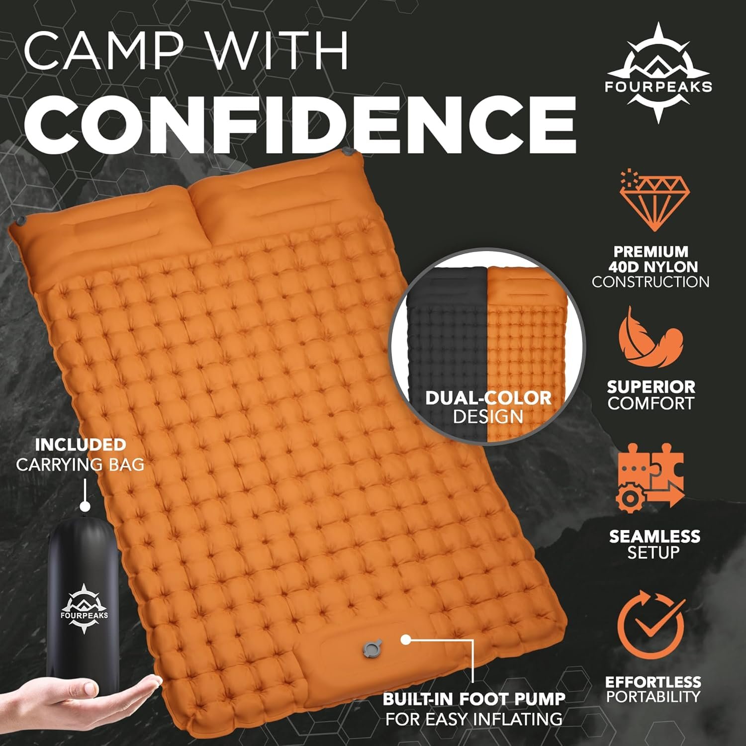 Double Sleeping Pad Backpacking - 40D Nylon and TPU Coated Inflatable Camping Pad 2 Person with Built-in Foot Pump, Pillows  Carrying Bag - Lightweight Mattress for Camping Hiking and More