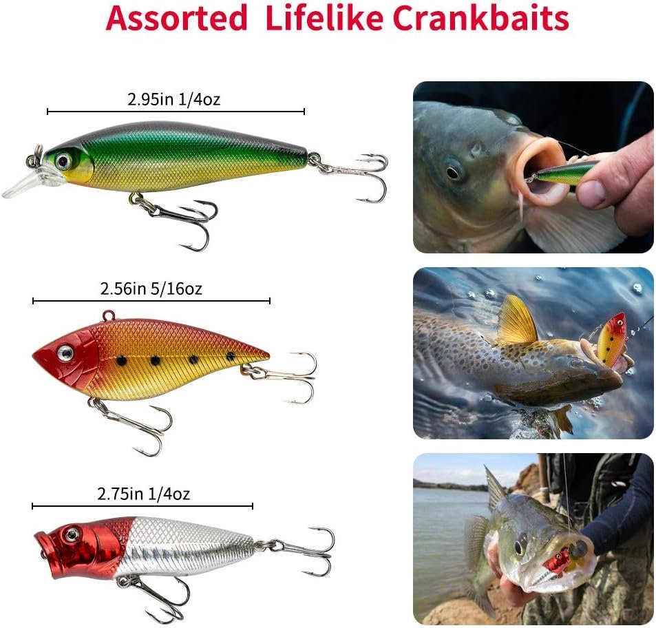 GOANDO Fishing Lures Kit for Freshwater Bait Tackle Kit for Bass Trout Salmon Fishing Accessories Tackle Box Including Spoon Lures Soft Plastic Worms Crankbait Jigs Fishing Hooks