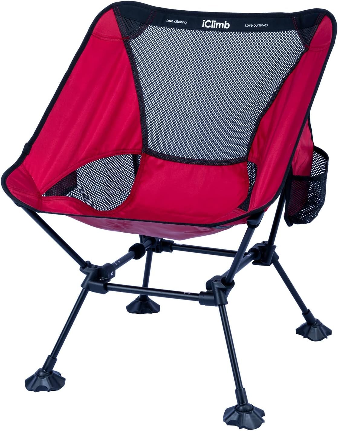 iClimb Ultralight Compact Camping Folding Beach Chair with Anti-Sinking Large Feet and Back Support Webbing (Red - Square Frame)