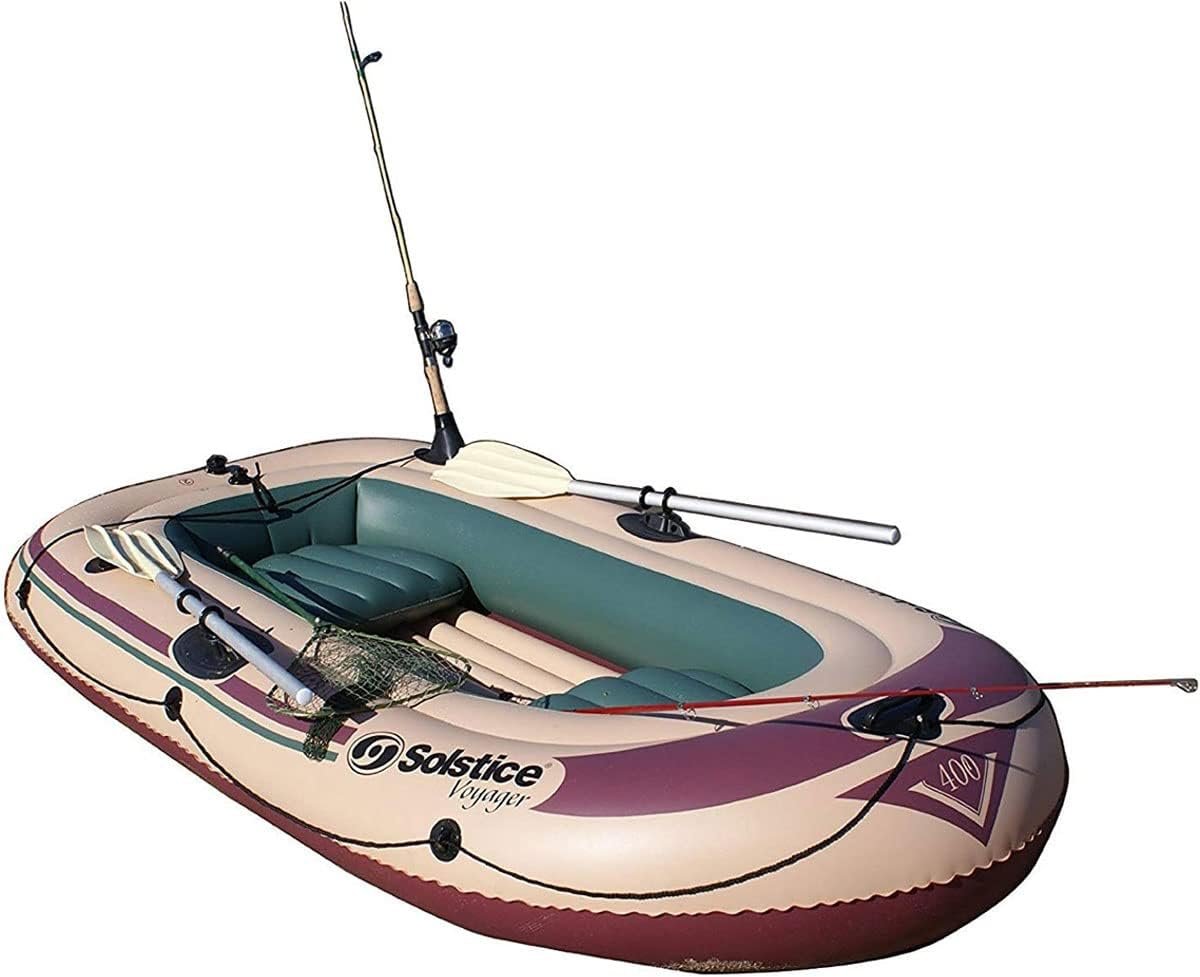 SOLSTICE Inflatable Fishing Boat Rafts 2 to 6 Person Options for Adults Compatible with Motor Comes W/Accessories Pole Holders Cushions Grab Line 6 to 12 Ft Sizes Outdoorsman Voyager Dinghy Air Floor