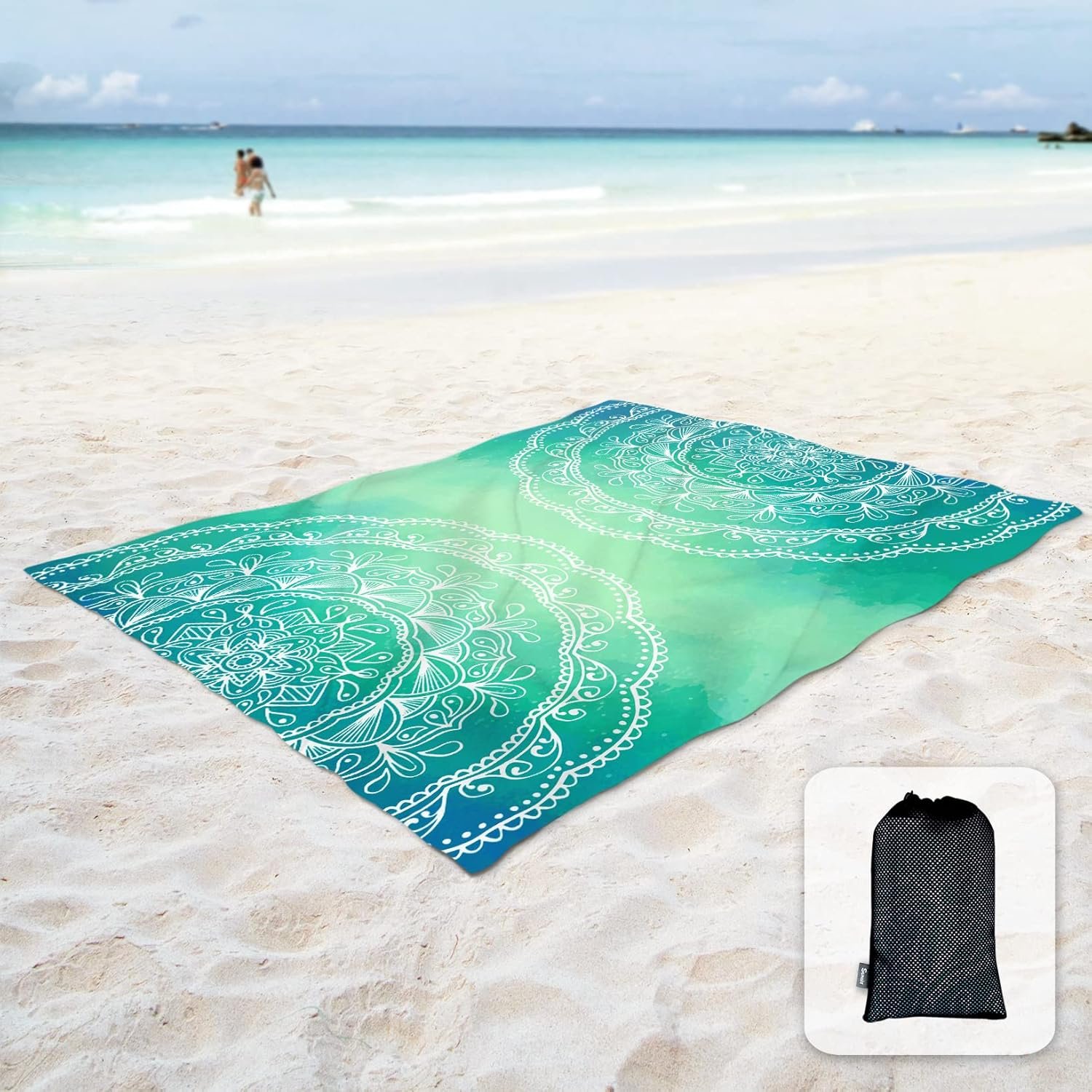 Sunlit Silky Soft 85x72 Boho Sand Proof Beach Blanket Sand Proof Mat with Corner Pockets and Mesh Bag for Beach Party, Travel, Camping and Outdoor Music Festival, Bright Turquoise Mandala