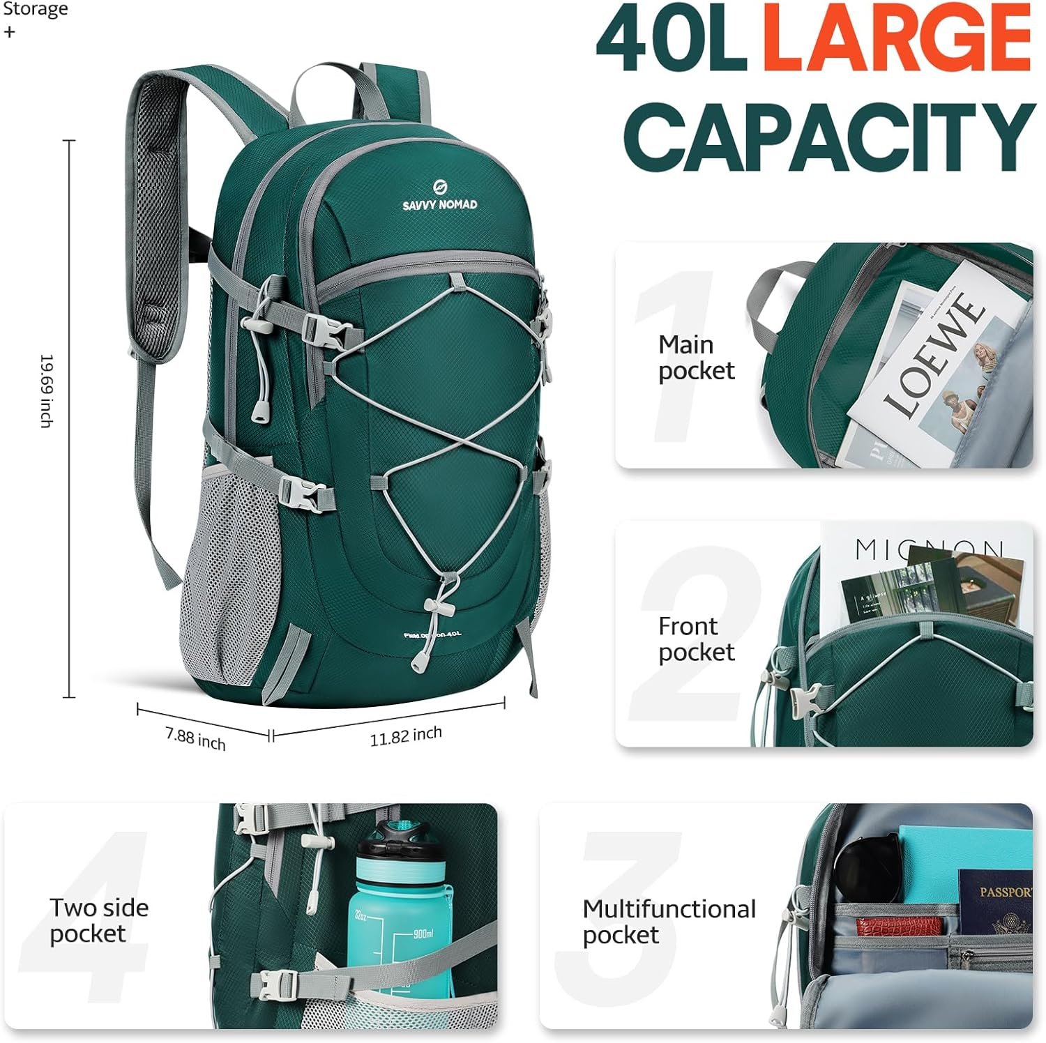 40L Hiking Backpack Lightweight Packable Travel Backpack for Women Men