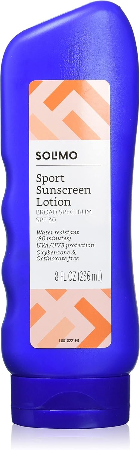 Amazon Brand - Solimo Sport Sunscreen Lotion, SPF 30, Formulated without Octinoxate  Oxybenzone, Broad Spectrum UVA/UVB Protection, unscented, 8 fl oz (Pack of 1)