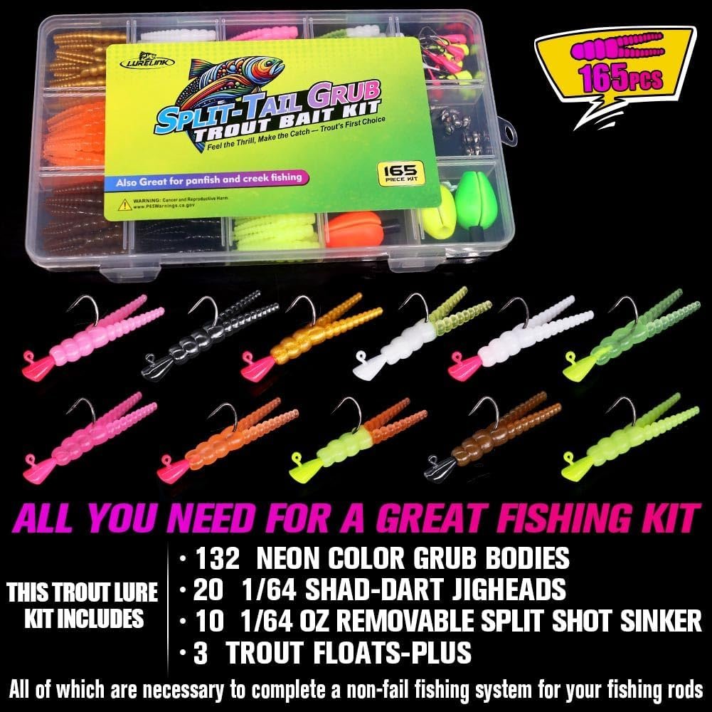 165-Piece Trout Lure Kit for Creek  River Fishing Gear with Split Tail Grub Worms, Shad Dart Jig Heads, Floats  Sinkers - Ideal for Seasonal Trout Crappie  Panfish