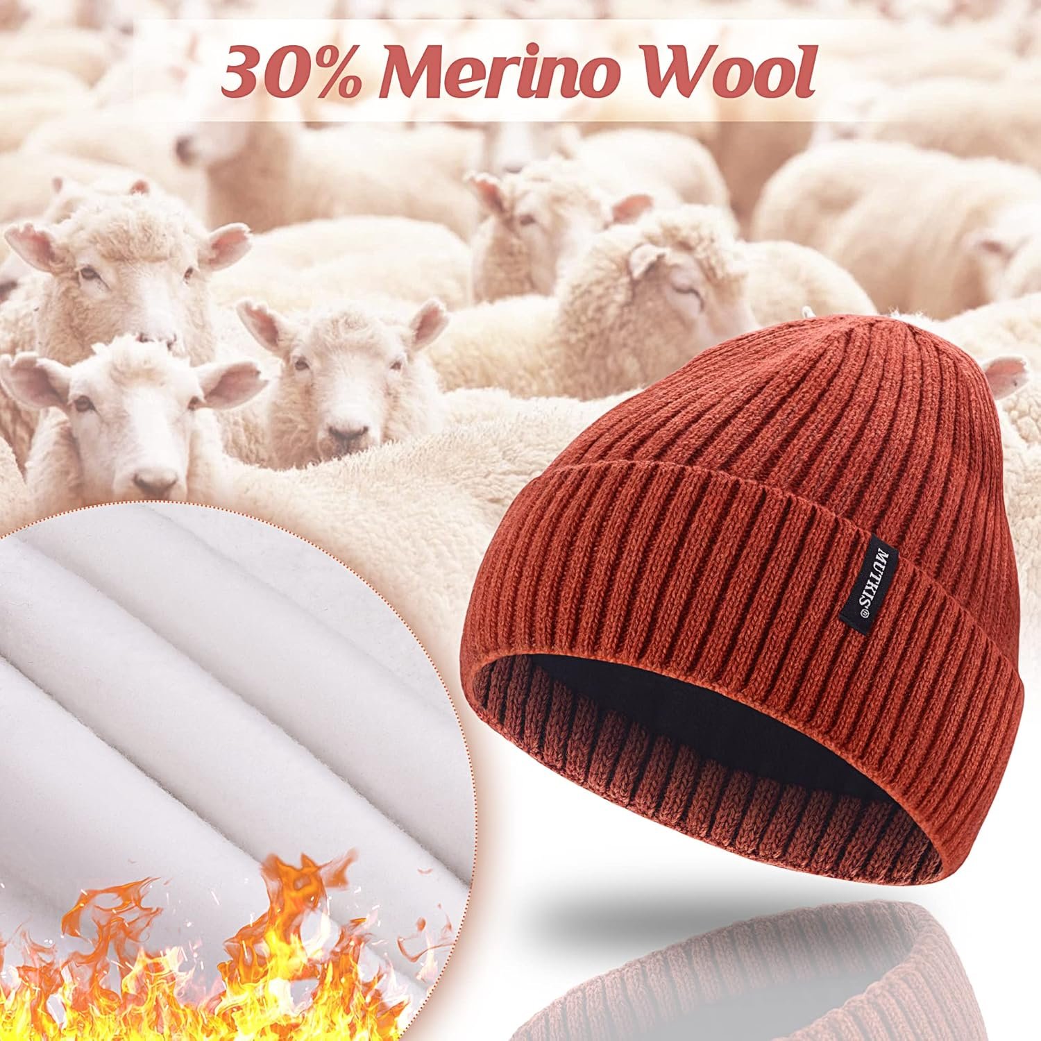 Beanie Hats for Men 30% Merino Wool Knit Hat, Winter Hats for Women Thick Warm Lined, Beanie for Women Cold Weather Skull Cap