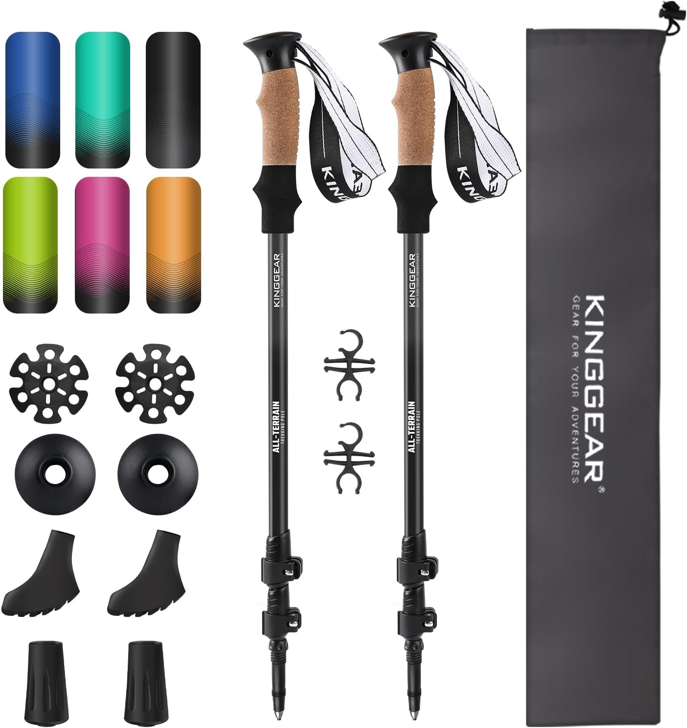 KINGGEAR Walking Stick, Lightweight 7075 Aluminum Adjustable Hiking Poles, Trekking Poles with Flip Lock, Retractable, Natural Anti-Sweat Cork and EVA Grips