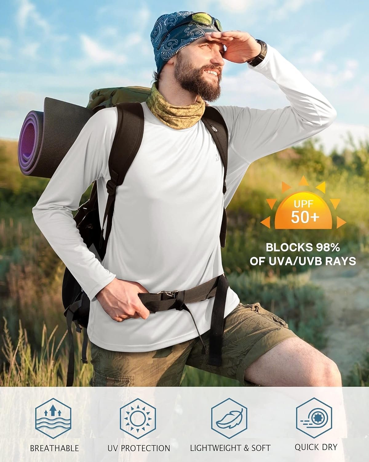Roadbox Mens UPF 50+ UV Sun Protection Shirts Outdoor Long Sleeve SPF Rash Guard for Fishing Hiking Swimming Running