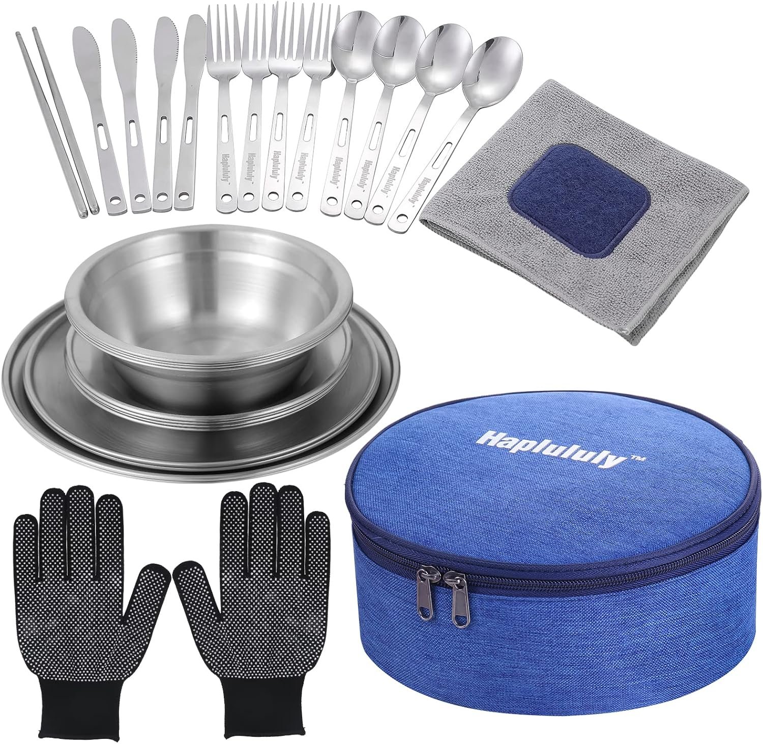 Silverware Set-Camping Mess Kit 28 Pcs Camping Accressories Stainless Steel Camping Dishes Set Dinnerware for 4 Person Utensils Tableware with Plates Bowl Cutlery Gloves Rag