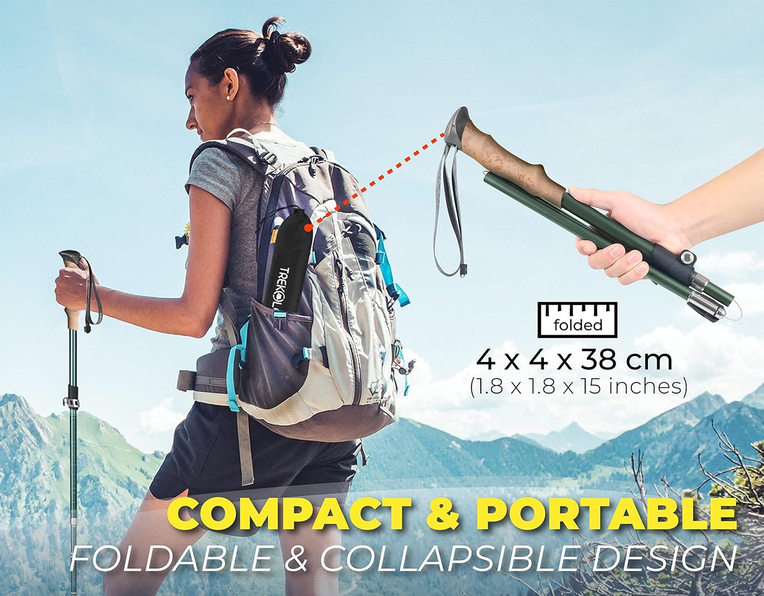 TREKOLOGY TREKZ SE 2pc Collapsible Hiking Stick - Lightweight, Foldable Retractable Trekking Poles for Men, Women  Seniors with Adjustable Heights - Nordic Walking Stick for Backpacking, Camping