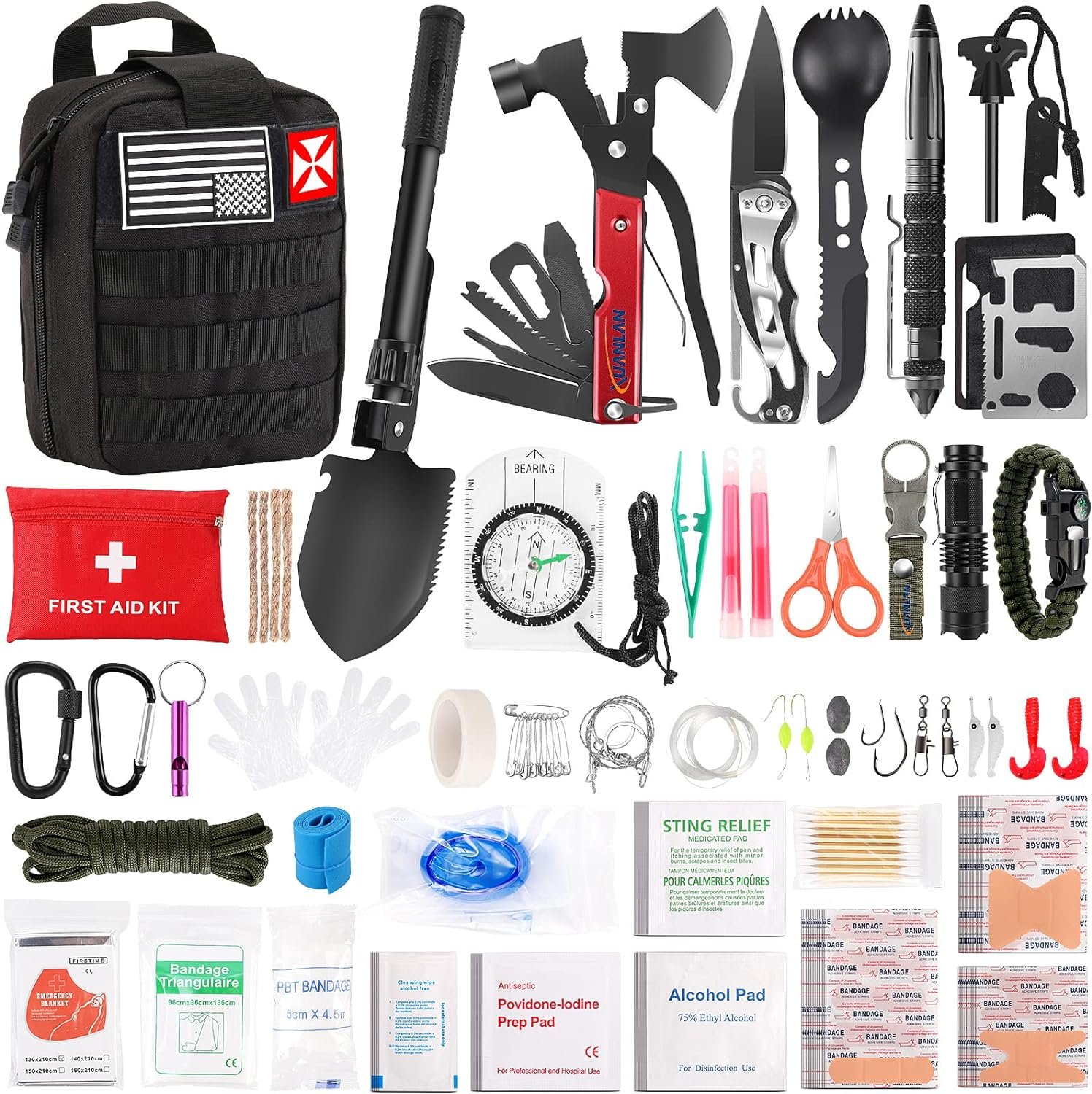 XUANLAN Emergency Survival Kit, Outdoor Survival Gear Tool with Survival Bracelet, Fire Starter, Whistle, Wood Cutter, Water Bottle Clip, Pen