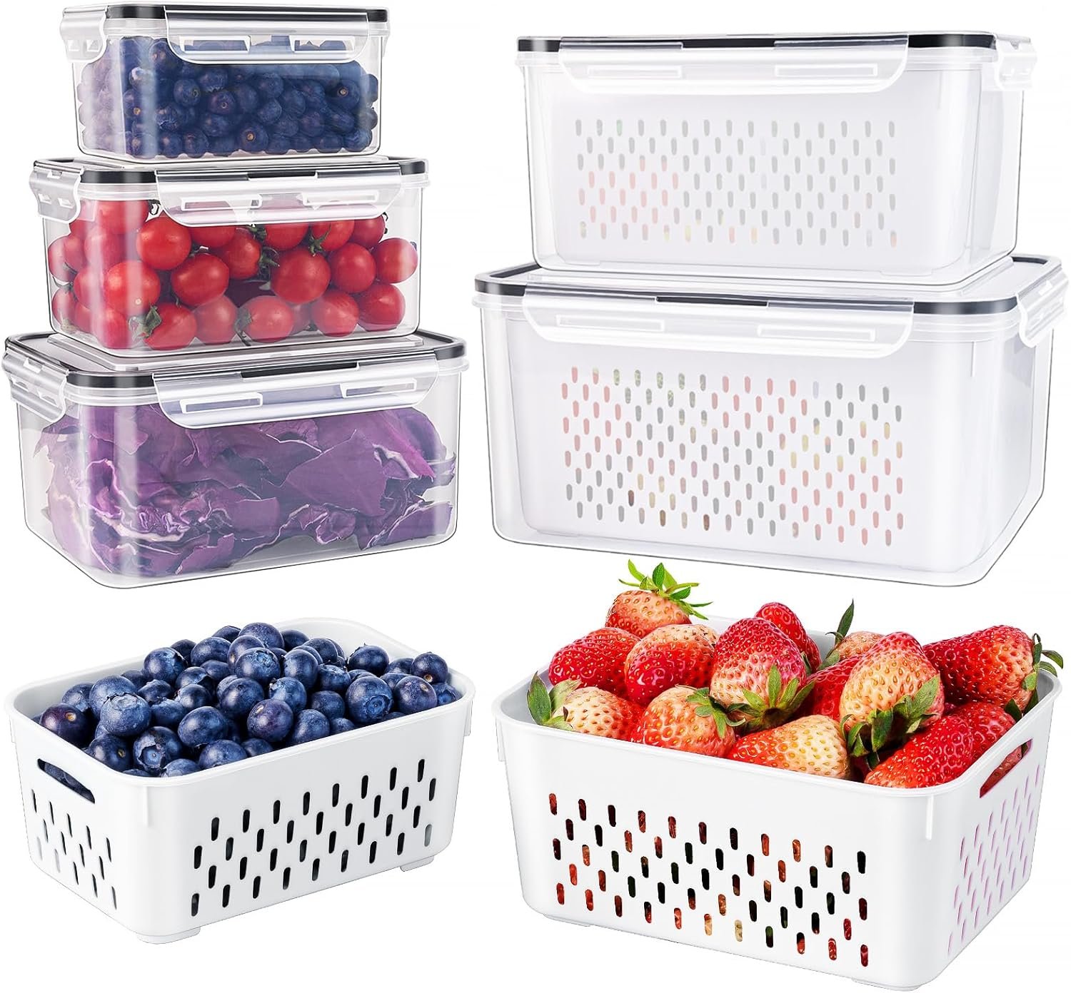 5 PCS Large Fruit Containers for Fridge - Leakproof Food Storage Containers with Removable Colander - Dishwasher  microwave safe Produce Containers Keep Fruits, Vegetables, Berry, Meat Fresh longer