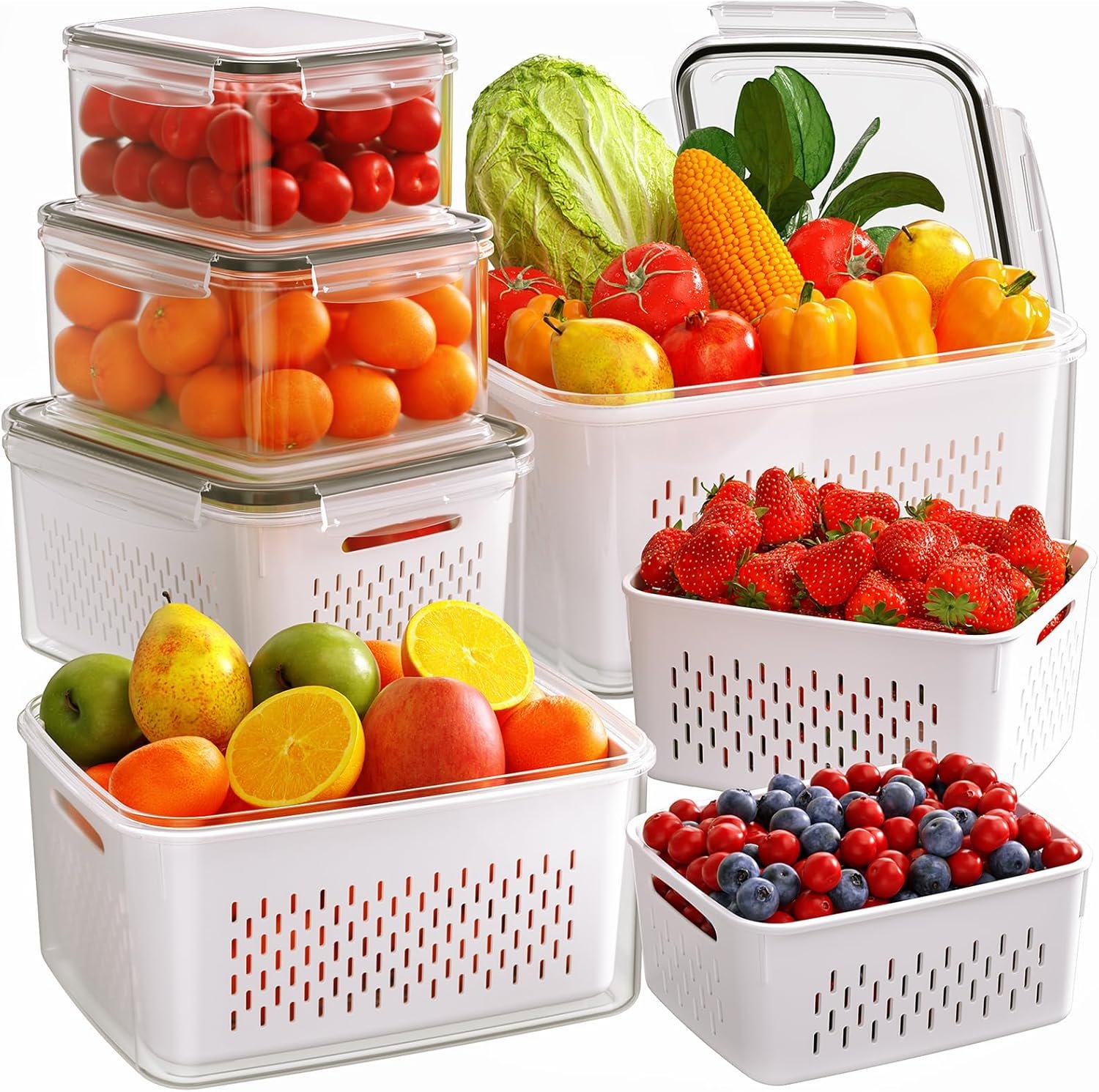 6 PCS Fruit Storage Containers for Fridge with Removable Colanders, 6 Plastic Food Storage Containers with 6 Lids, Leakproof Produce Containers Keep Fruits, Vegetables, Berry, Meat Fresh Longer