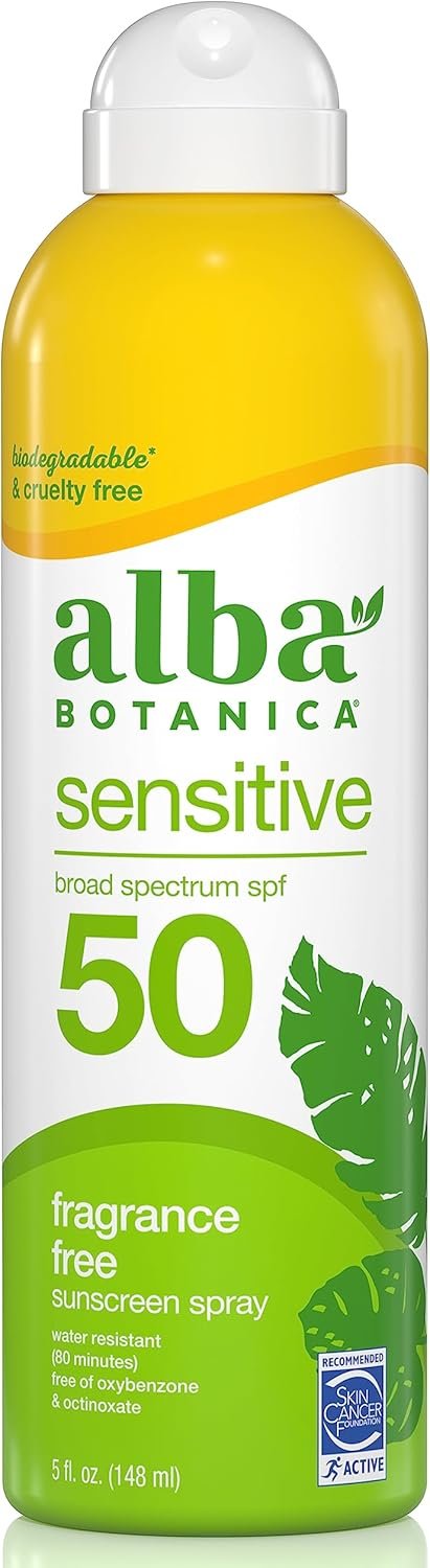 Alba Botanica Sensitive Sunscreen Spray for Face and Body, Fragrance-Free, Broad Spectrum SPF 50, Water Resistant, 5 fl. oz. Bottle