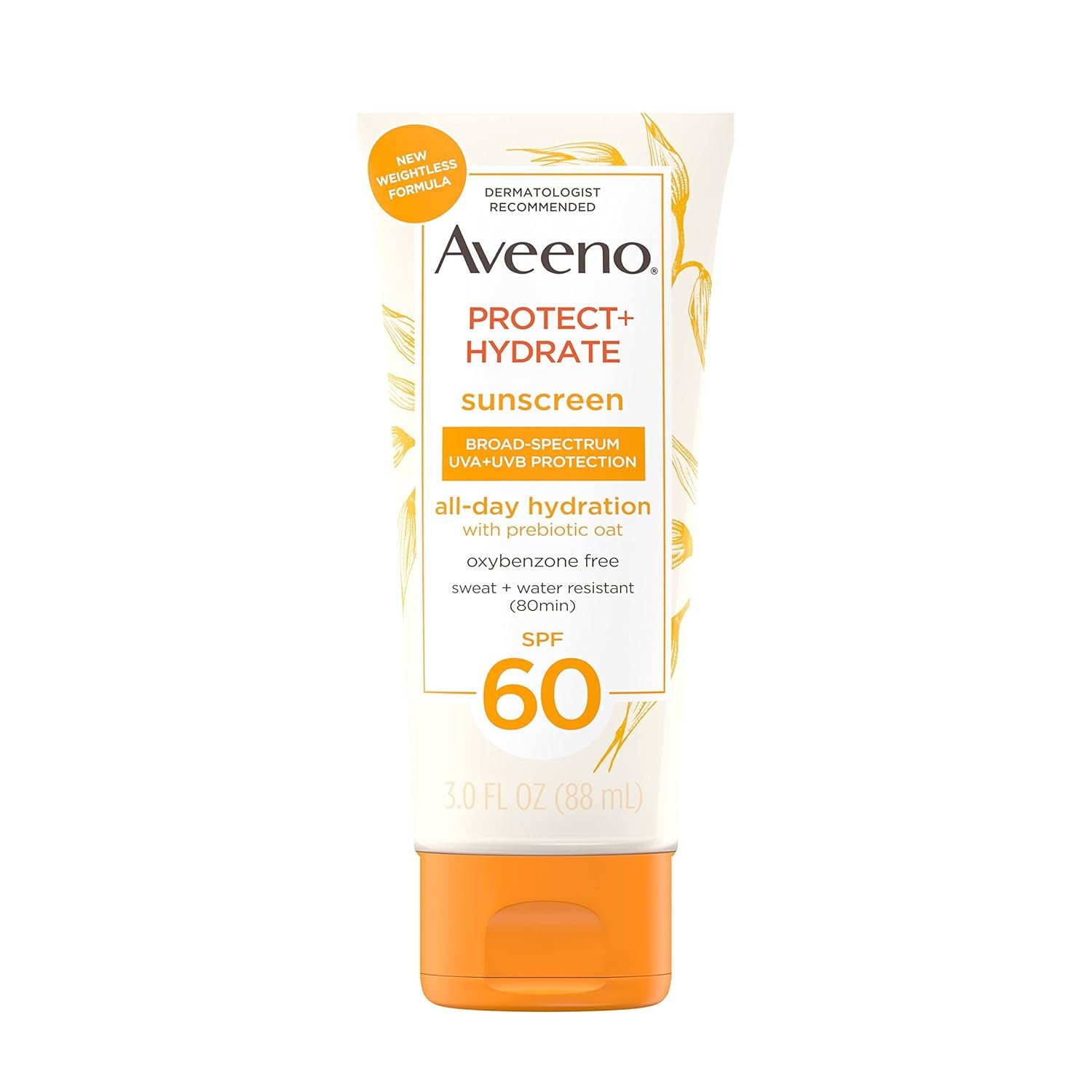 Aveeno Protect + Hydrate Moisturizing Body Sunscreen Lotion with Broad Spectrum SPF 60  Prebiotic Oat, Weightless  Refreshing Feel, Paraben-Free, Oil-Free, Oxybenzone-Free, 3.0 fl. Oz