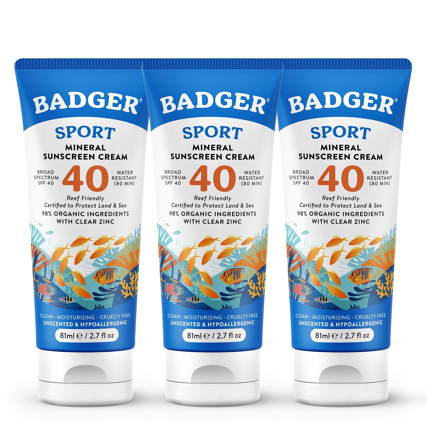 Badger Reef Safe Sunscreen, SPF 40 Sport Mineral Sunscreen, 98% Organic Sunscreen Ingredients, Broad Spectrum, Water Resistant, Zinc Oxide Sunscreen, Unscented, 2.9 fl oz
