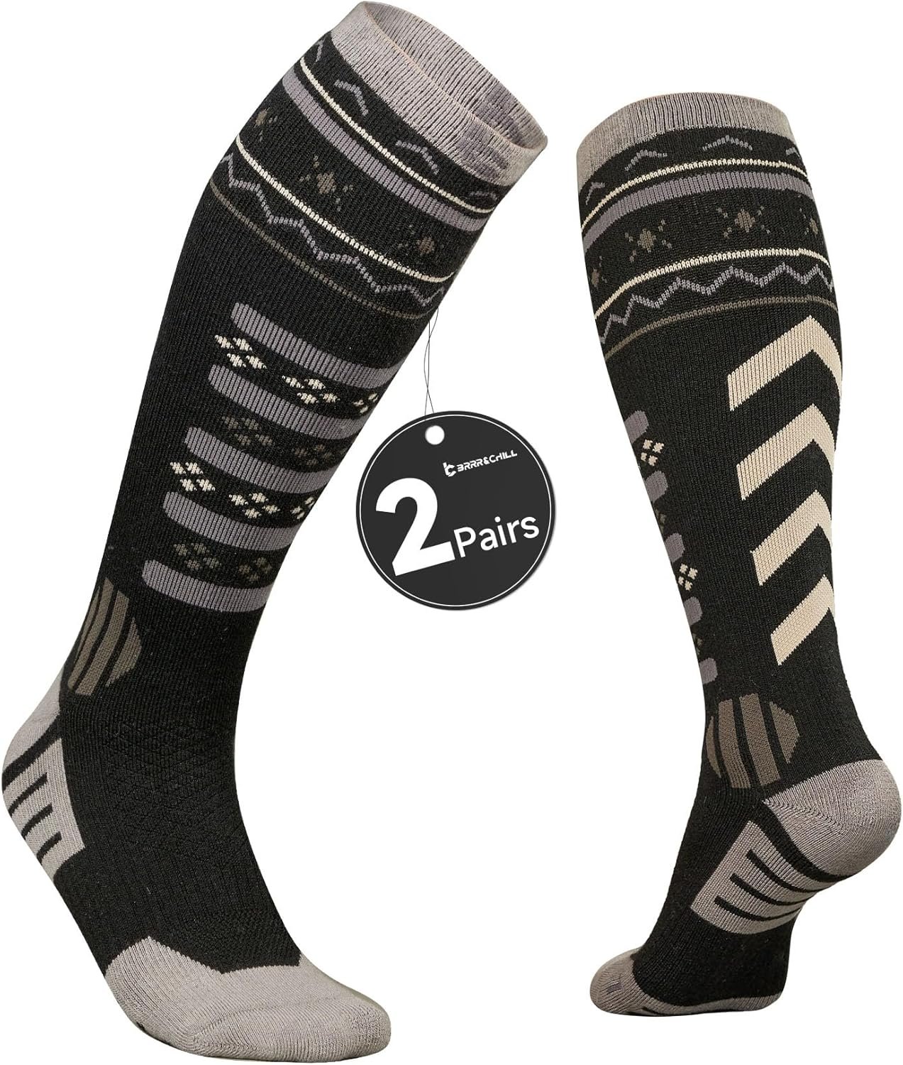 BRRRCHILL Ski Socks, 2 Pairs Merino Wool Compression Snowboard Socks