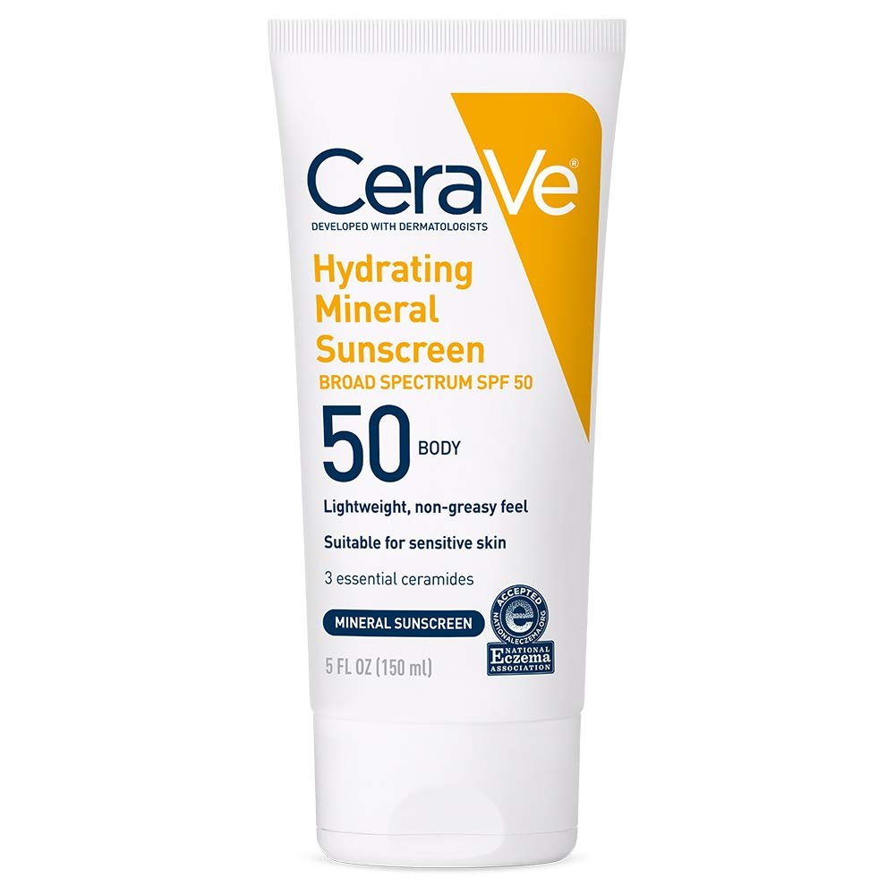 CeraVe 100% Mineral Sunscreen SPF 50 | Body Sunscreen with Zinc Oxide  Titanium Dioxide | Hyaluronic Acid  Ceramides | Oil Free  Non-Greasy | Hydrating Mineral Sunscreen For Body | 5 oz