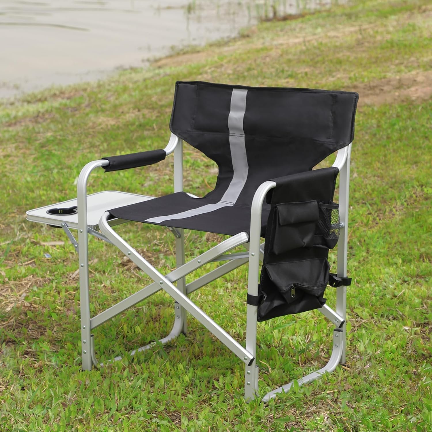 Coastrail Outdoor Camping Chair Oversized Padded Folding Quad Arm Chairs with Lumbar Back Support, Cooler Bag, Cup Holder  Side Pocket, Extra Head Pocket, Supports 400 lbs