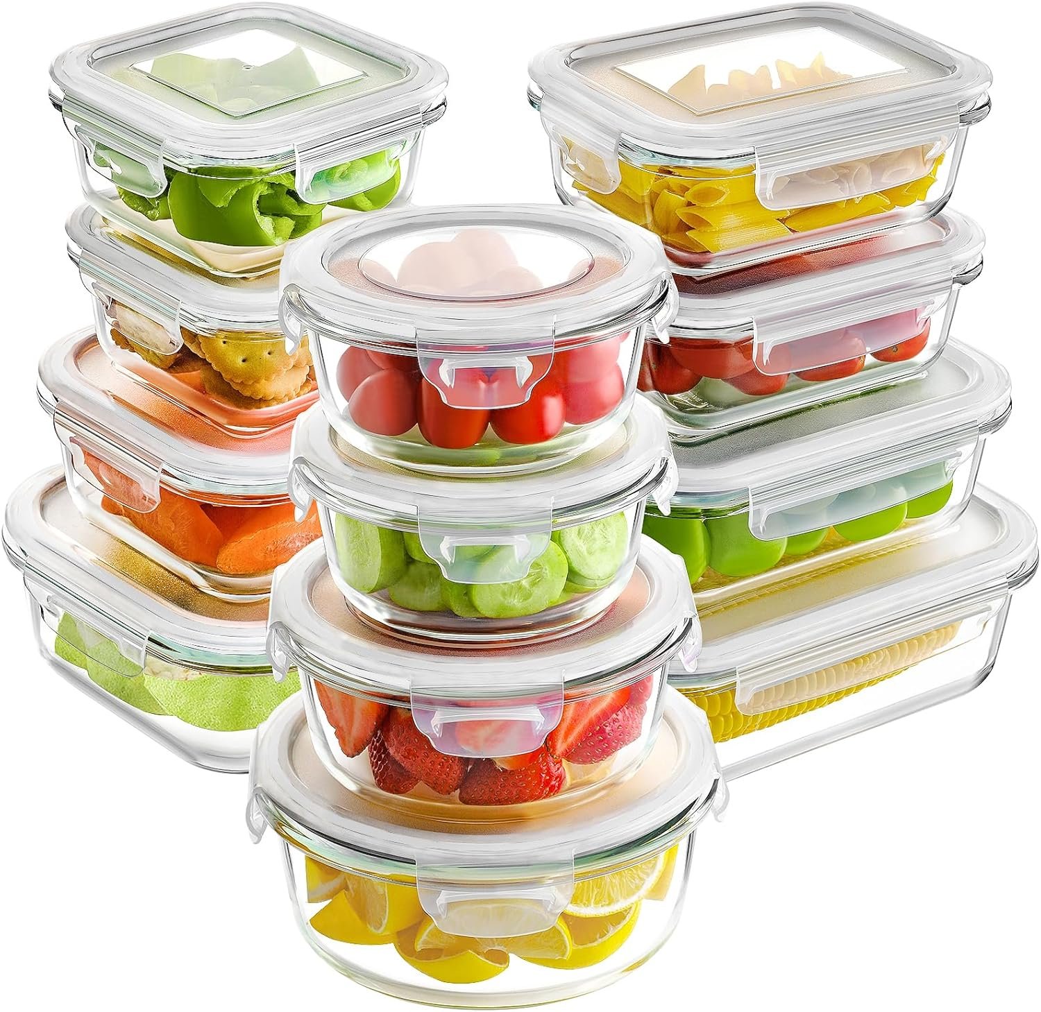 HOMBERKING 12 Sets Glass Food Storage Containers with Lids, Meal Prep Containers, Airtight Bento Boxes, BPA Free  Leak Proof, Pantry Kitchen Storage(12 lids  12 Containers) - White
