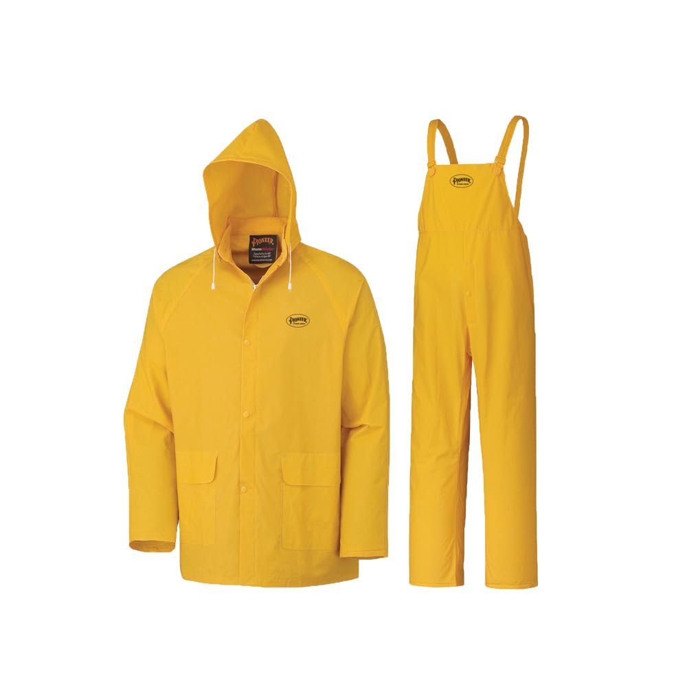 Pioneer Waterproof PVC Work Suit for Men – Repel Rain Gear Yellow Safety Jacket and Bib Pants - 3 PC Set With Detachable Hood